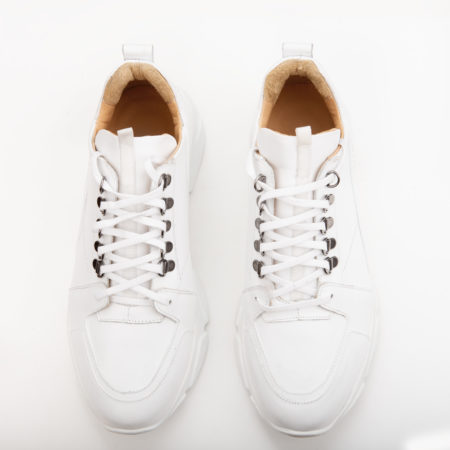 Ανδρικό Όλο Λευκό Δερμάτινο Sneaker, Χοντρή Σόλα και Τρουκς στα Κορδόνια