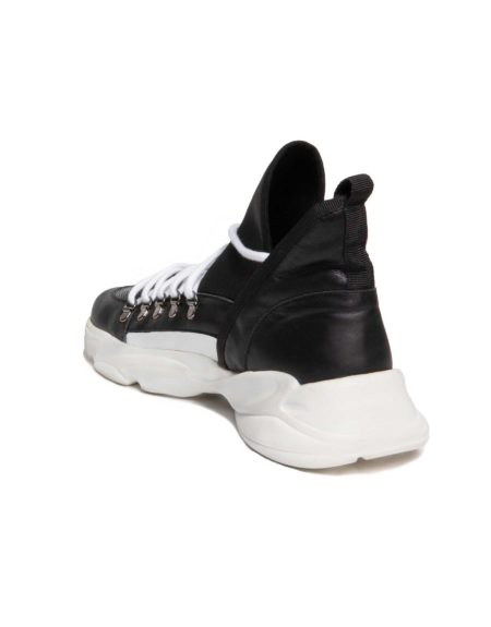 Ανδρικό Ημίμποτο Μαύρο Δερμάτινο Sneaker, Λεπτομέρεια Neoprene ύφασμα