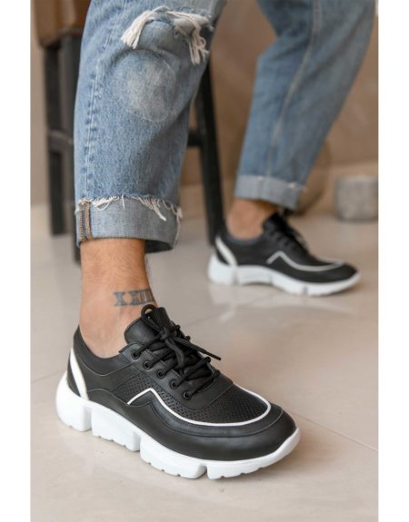 Ανδρικό Μαύρο Δερμάτινο Sneaker με Λευκό Ρέλι