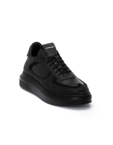 Ανδρικά Δερμάτινα Δίπατα Sneakers Μαύρα - (2222 T. Black)
