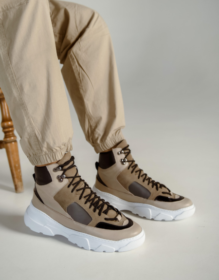 Men's Leather Boots Sneakers Beige - (2224 Beige)