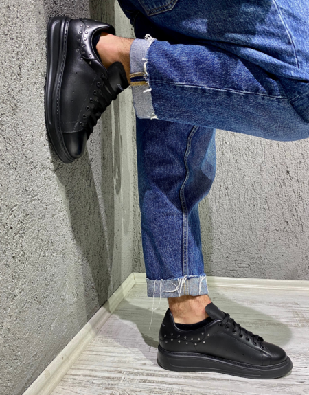 Ανδρικά Δερμάτινα Sneakers Με Τρουκς Total Black - ( 462214-1 T. Black)