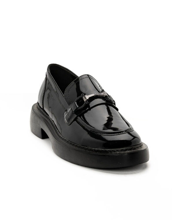 andrika dermatina total black patent loafers silver buckle code 3075 fenomilano