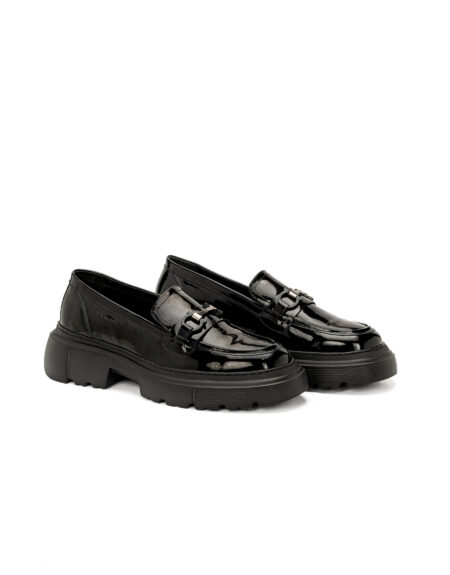 andrika dermatina total black patent loafers silver buckle code 3075 fenomilano