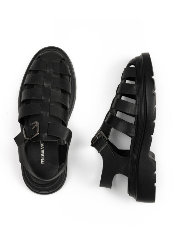 fisherman total black leather sandals ankle strap fenomilano